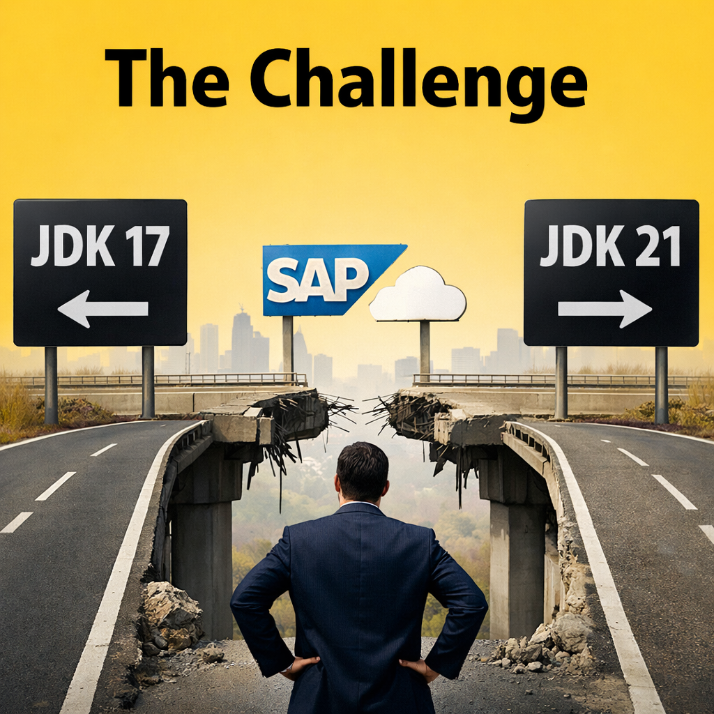 The headline for this is The Challenge Actually I am using this page for JDK migration from JDK17 to 21 for SAP eCommerce cloud Please generate a appr